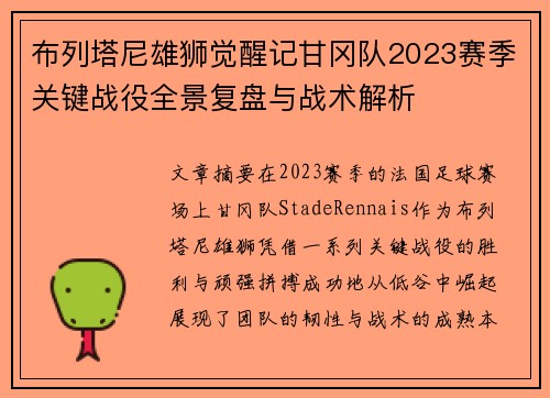 布列塔尼雄狮觉醒记甘冈队2023赛季关键战役全景复盘与战术解析