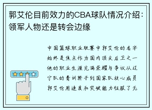 郭艾伦目前效力的CBA球队情况介绍：领军人物还是转会边缘